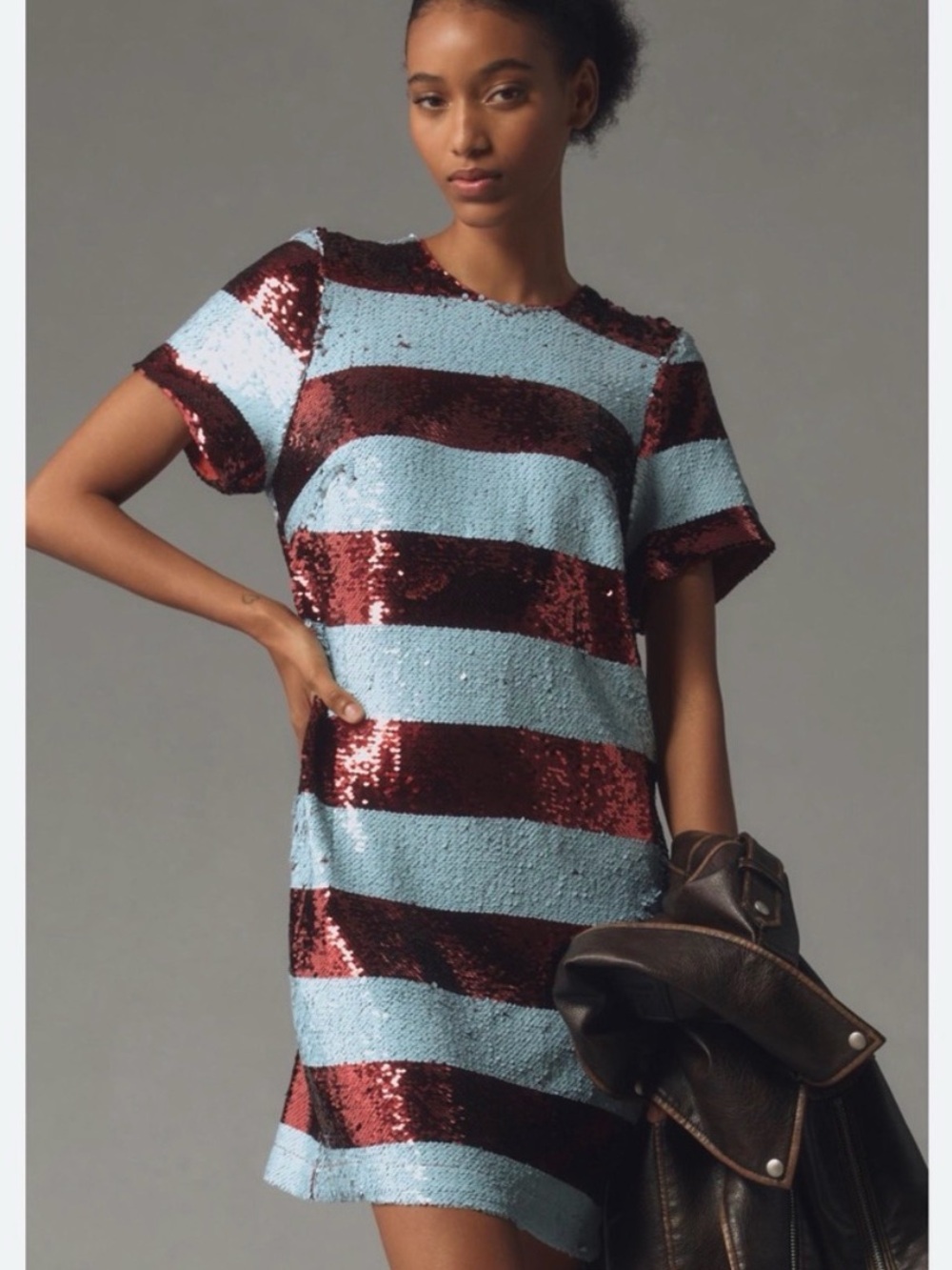 Maeve Sequin Stripe Mini Dress in Light Blue and Burgundy
